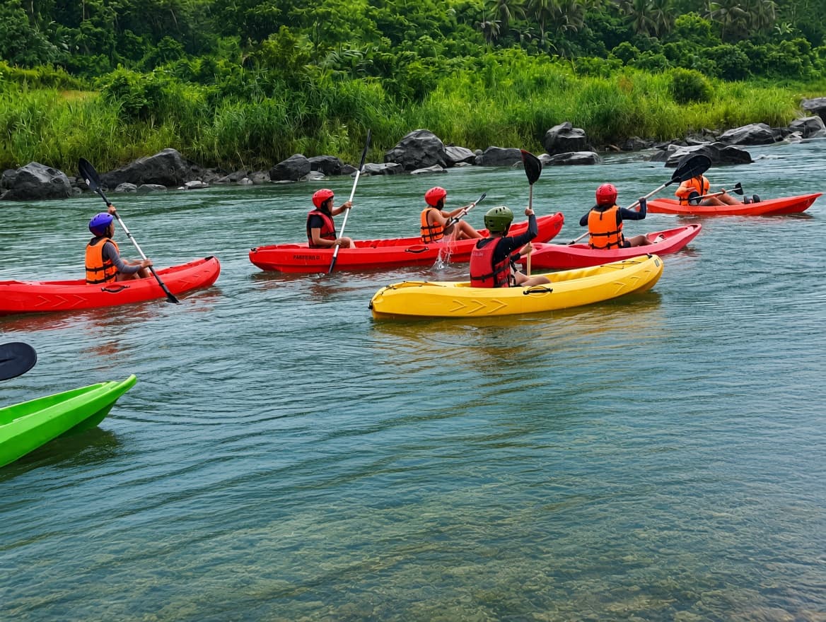 Group of kayakers in helmets paddling red and yellow kayaks along the river