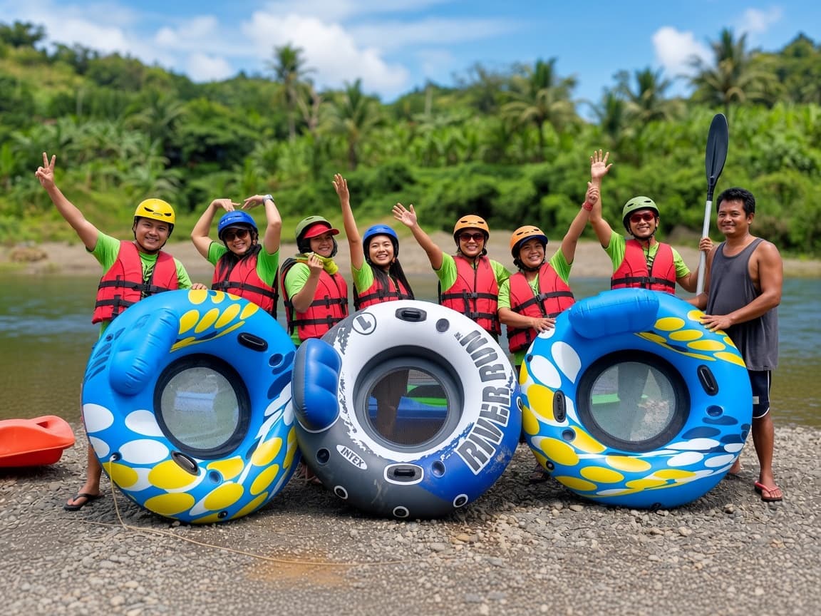 Cheering group in helmets and life jackets holding river tubes on the riverbank