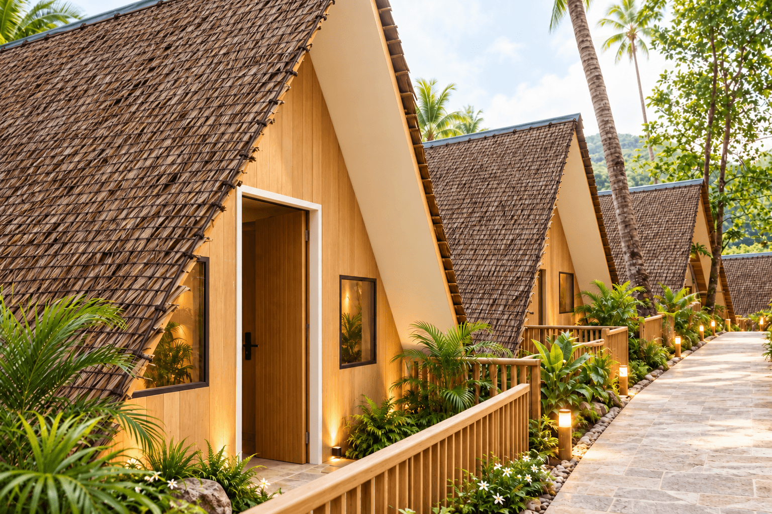 Junior Cabin exterior, a row of A-frame cabins with thatched roofs beside a stone walkway