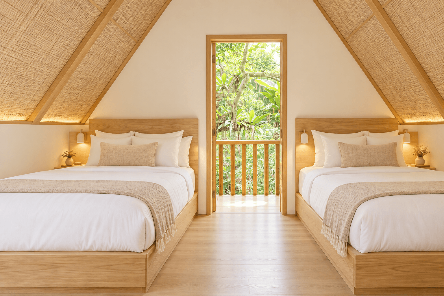 Junior Cabin interior with two full-sized beds and a balcony door between them