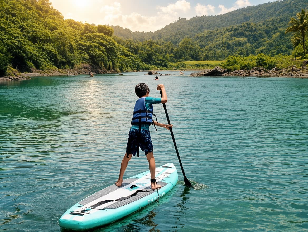 Young guest paddling a stand up paddle board upriver toward the mountains