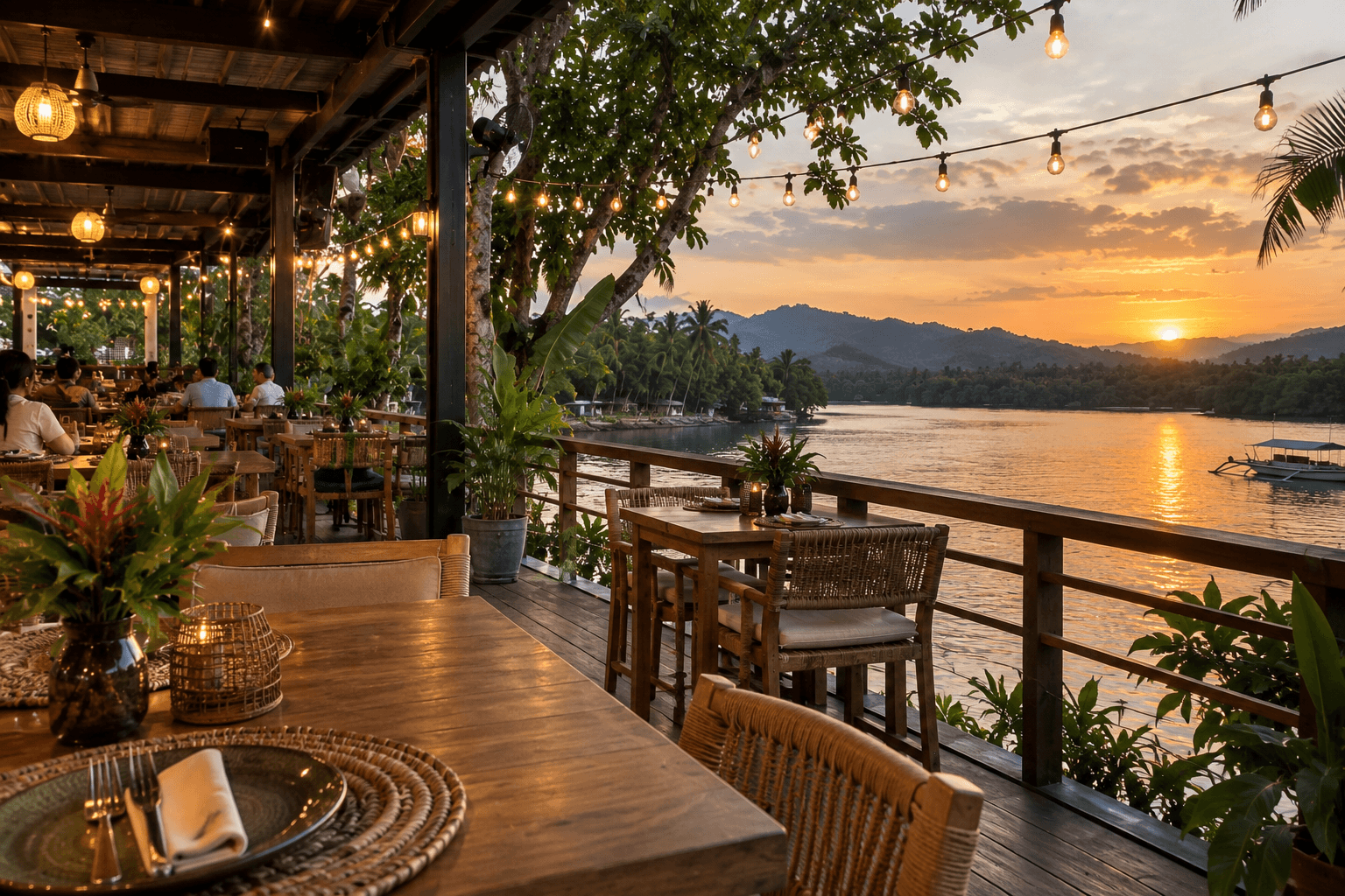 Riverside dining deck at sunset