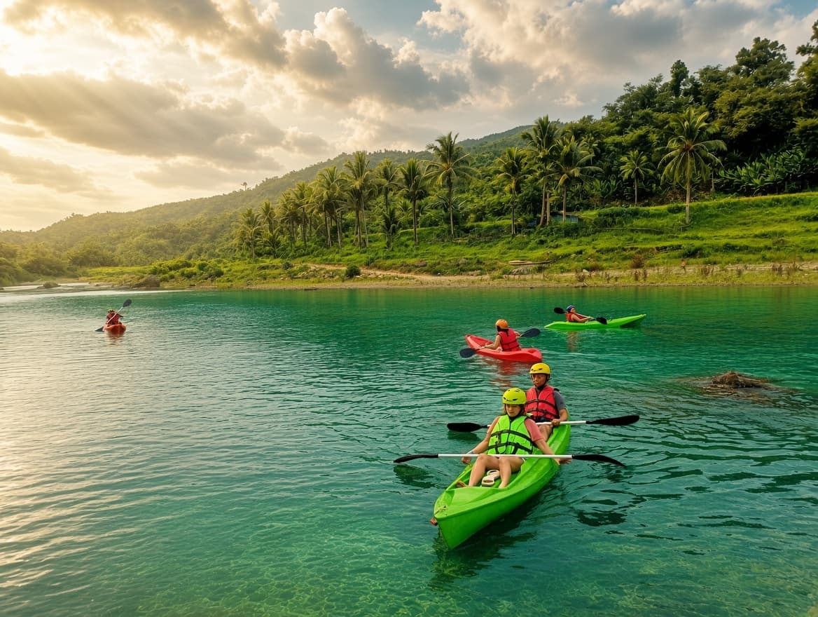 Kayakers paddling the river at golden hour